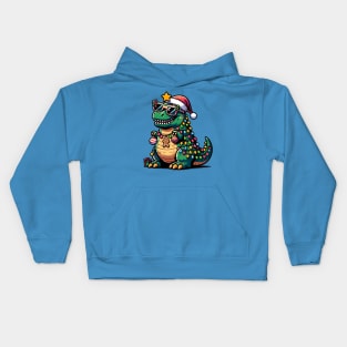 Tree-Rex Holiday Dinosaur - Christmas Tree T-Rex TreeRex Pun with Santa Hat, Lights and Ornaments Kids Hoodie